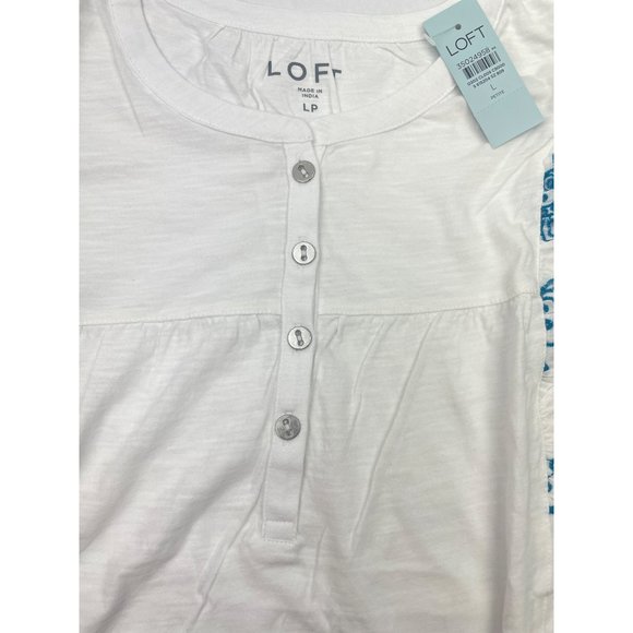 LOFT Women Petite Eyelet Flutter Henley Mixed Media Top L - Picture 7 of 14